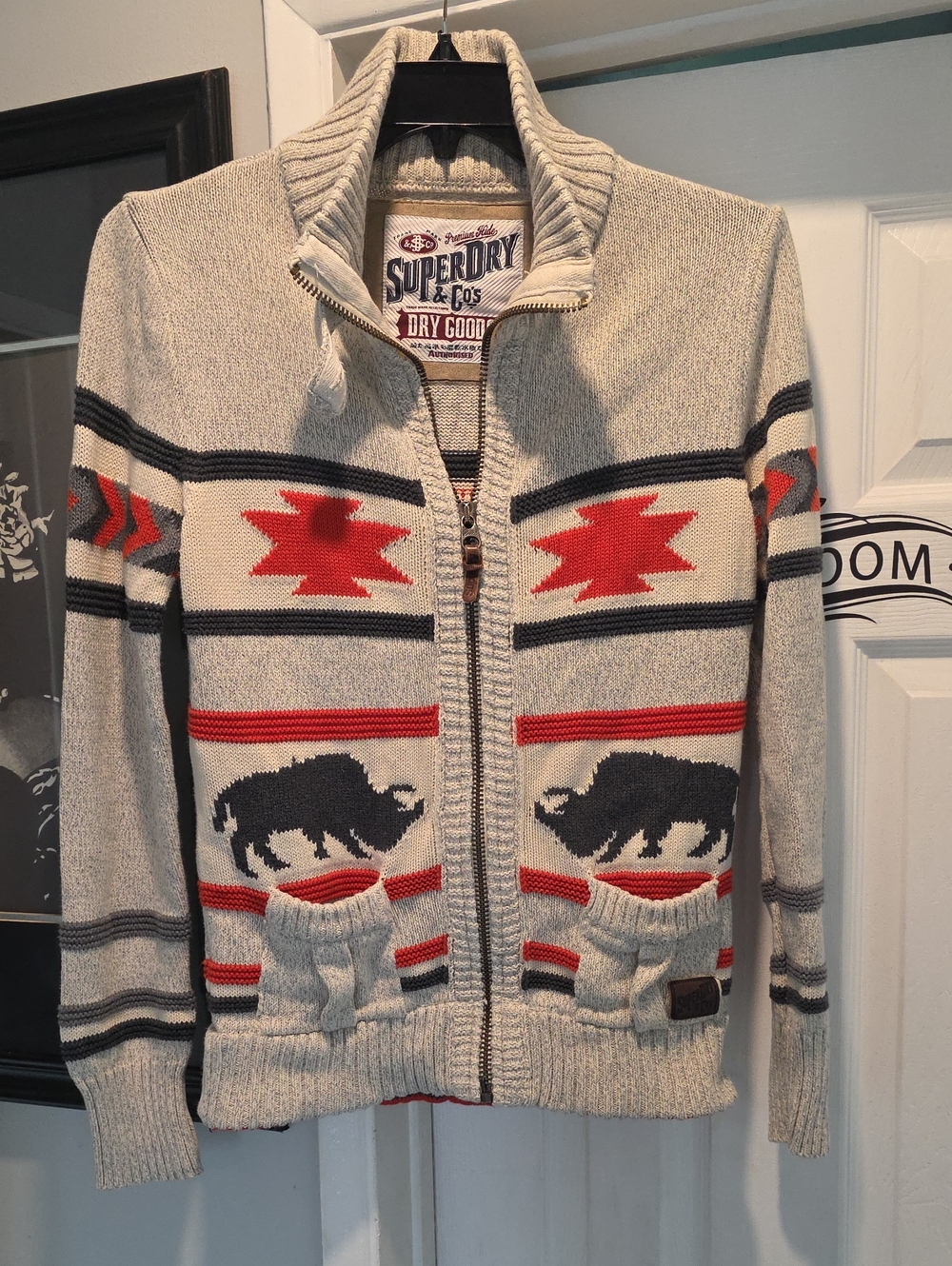 Superdry Men’s Cream Zip-Up Sweater with Red & Black Buffalo Motif